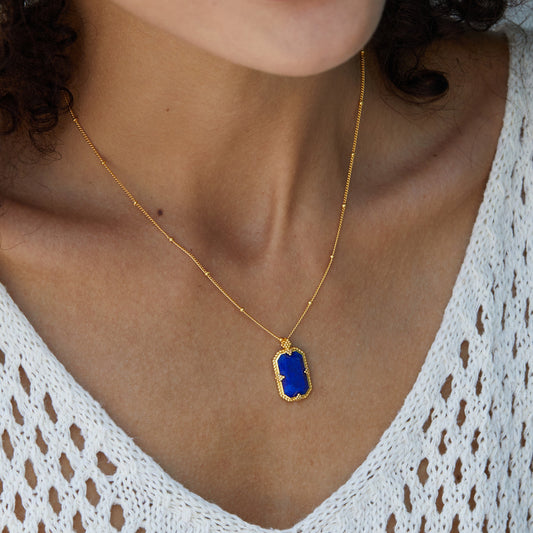 925Silver Lapis Lazuli Necklace French Light Luxury Niche Design Peace Pendant Vintage New National Trend Electroplated K Gold