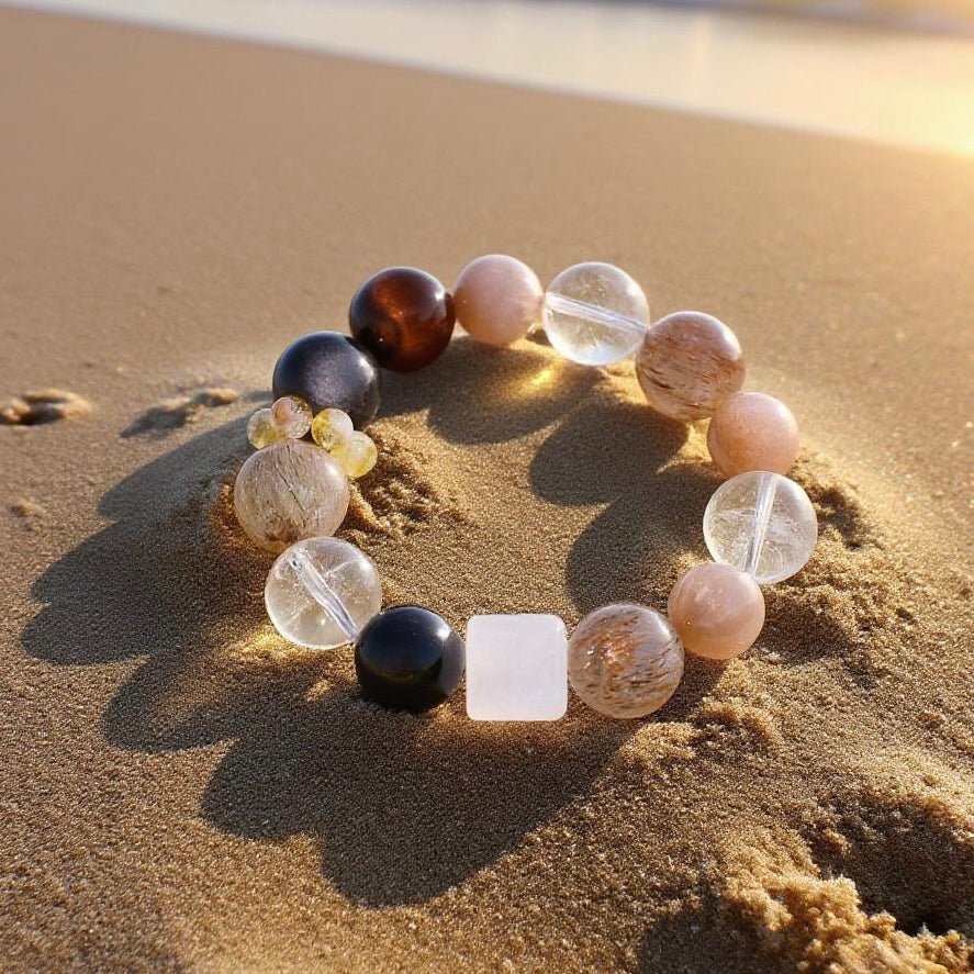 Black Golden Super Seven and Moonstone natural crystal bracelet for balance and inner strength