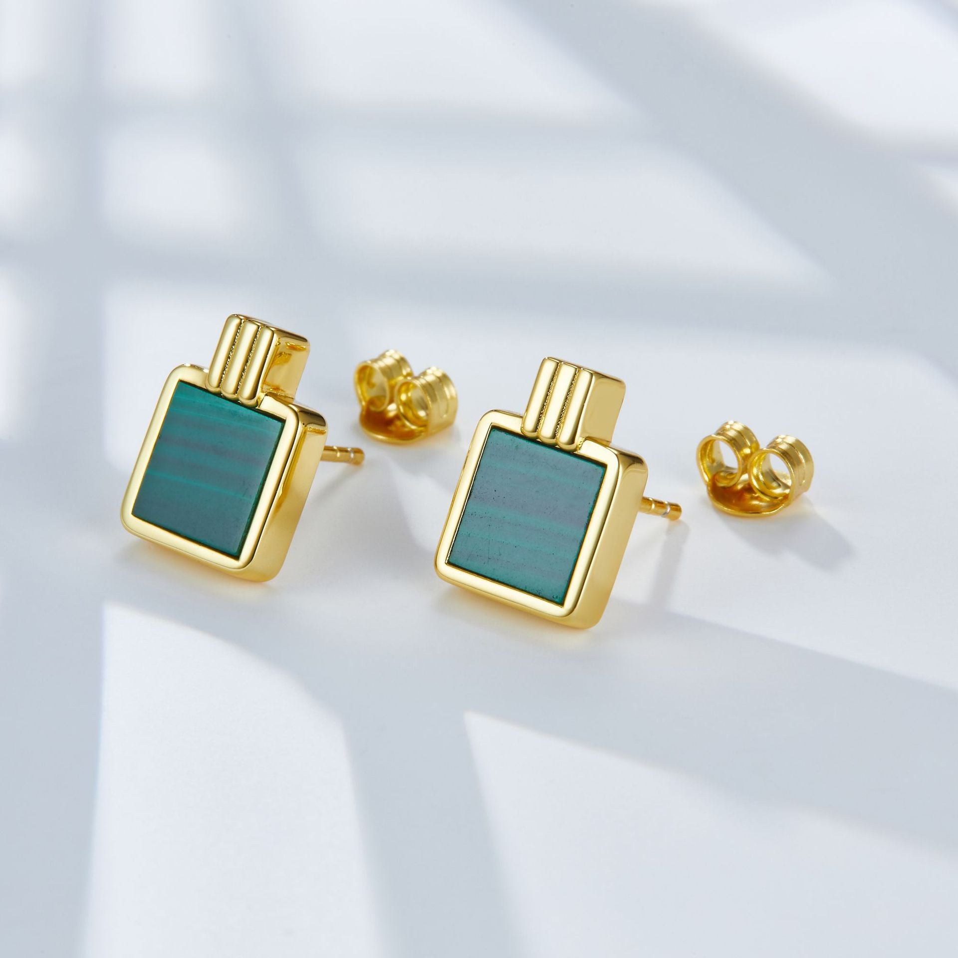 925Silver Natural Malachite Square Earrings Elegant Fashion Geometric Niche Earrings Light Luxury Versatile Commuting Cross-Border