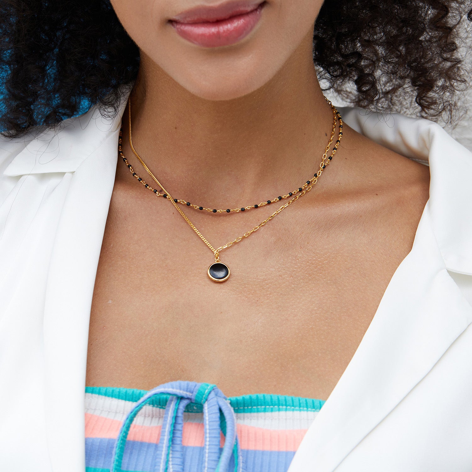 S925Silver White Fritillary Necklace Double-Sided Natural Black Agate Pendant AB Simple Layered Chain ins Women's Pendant Necklace