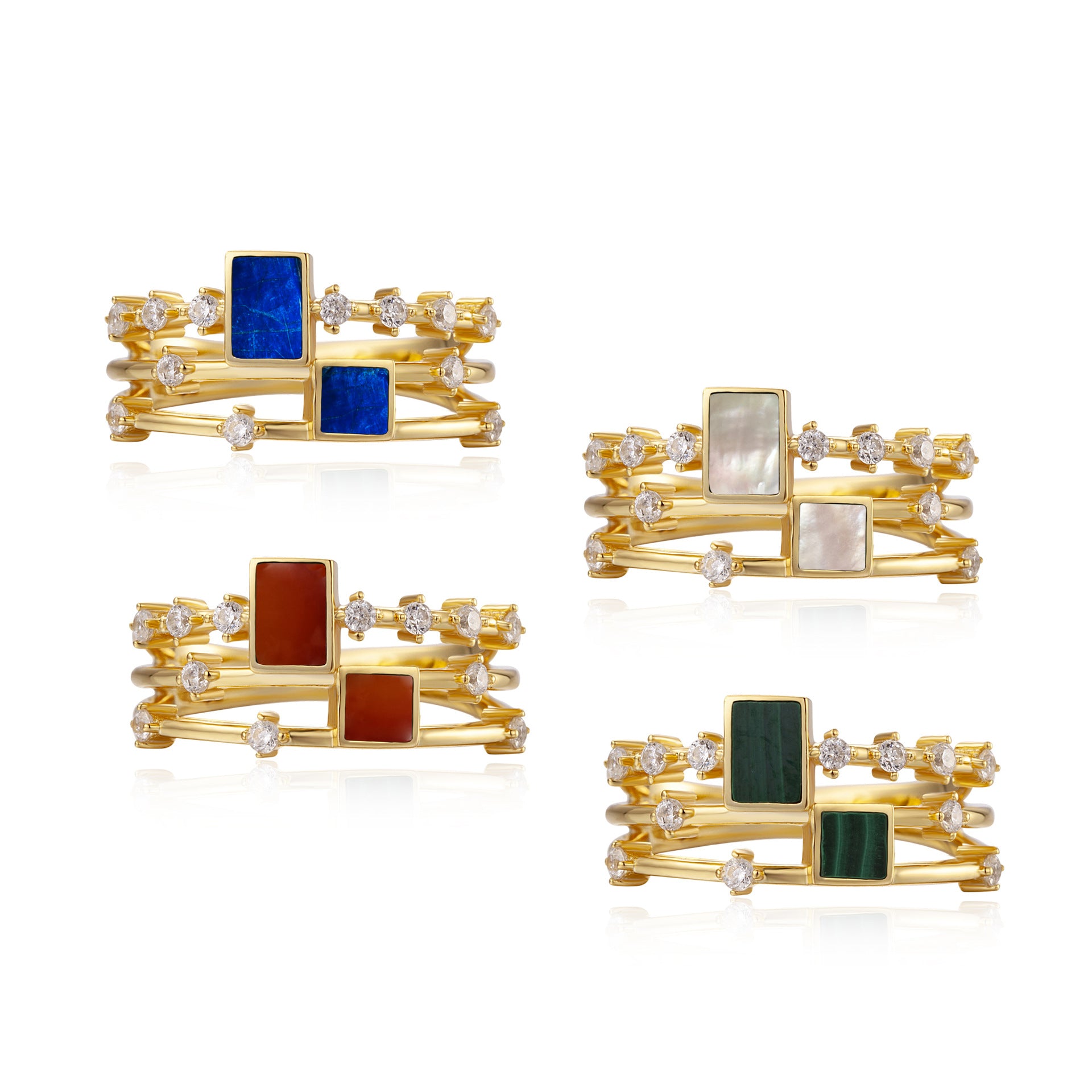 S925Silver Natural Stone Double Row Ring Square Female fashion Niche Design Light Luxury french Gemstone Finger Ring
