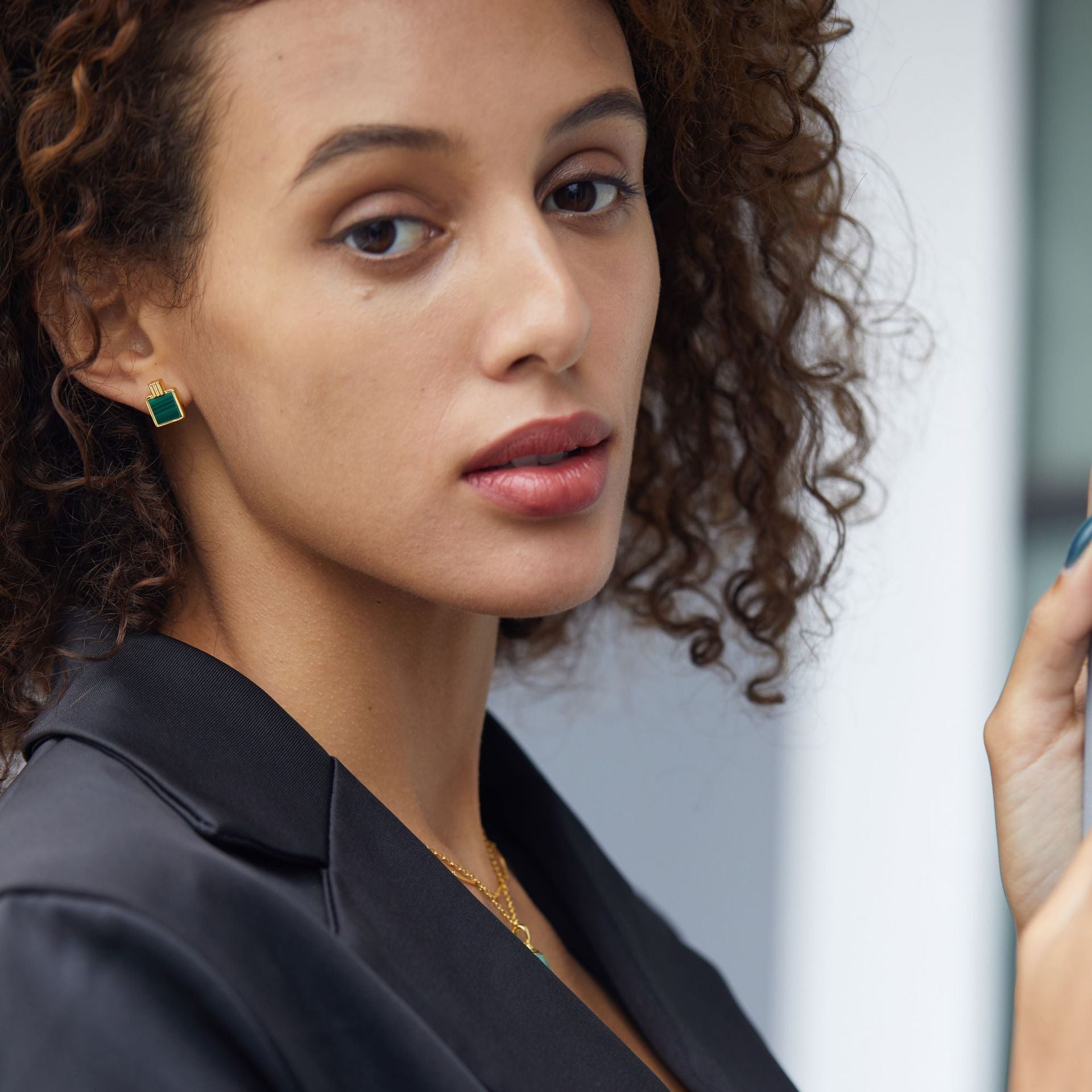 925Silver Natural Malachite Square Earrings Elegant Fashion Geometric Niche Earrings Light Luxury Versatile Commuting Cross-Border