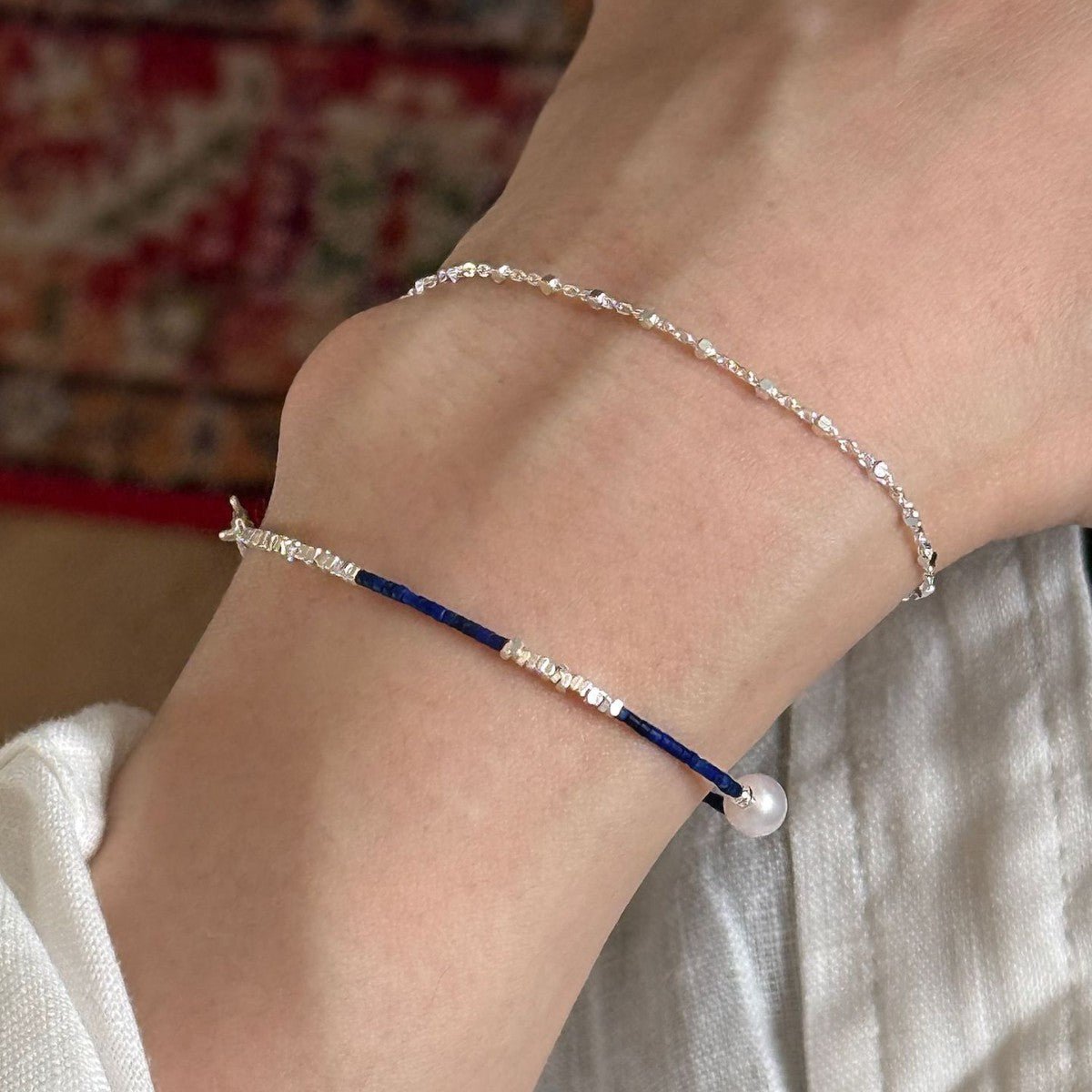 Whole Body s925Pure Silver Fragment Natural Freshwater Pearl Ultra-fine Lapis Lazuli Beaded Bracelet Vintage High-end Design