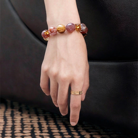 Koi Glass Flower & Strawberry Quartz Bracelet — Passion & abundance