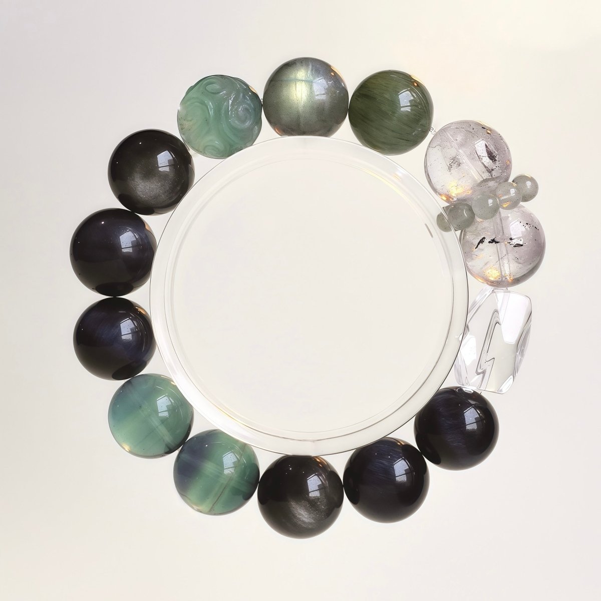 Blue Fluorite, Silver Obsidian, Blue Tiger's Eye, and Grey Moonstone bracelet
