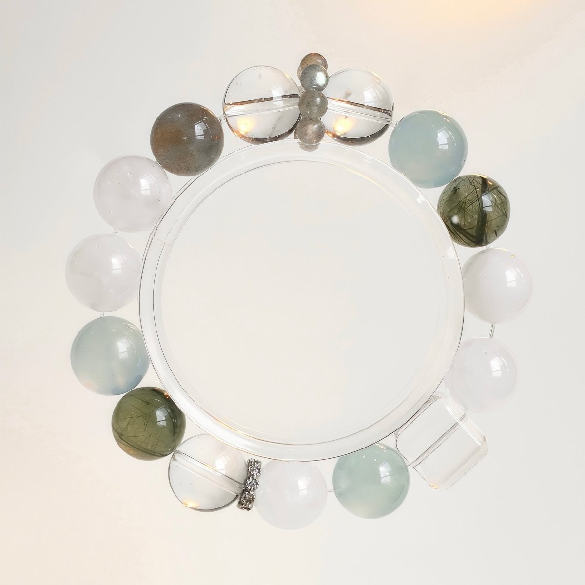 White Phantom Quartz and Green Rutilated Quartz Bracelet with Clear Quartz and Moonstone