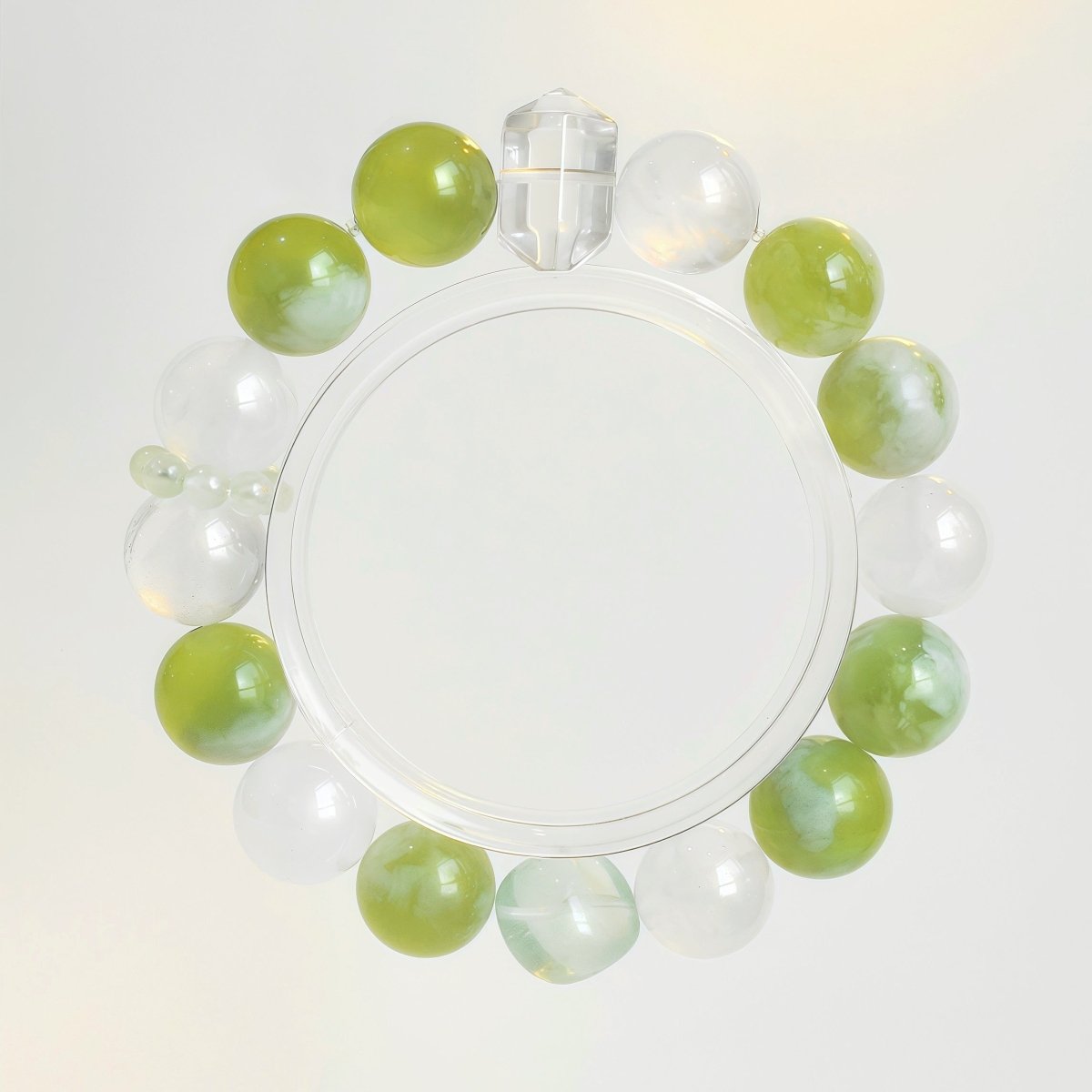 Xiuyan Jade and Green Fluorite bracelet with Clear Quartz and White Phantom Quartz beads – natural healing gemstone jewelry