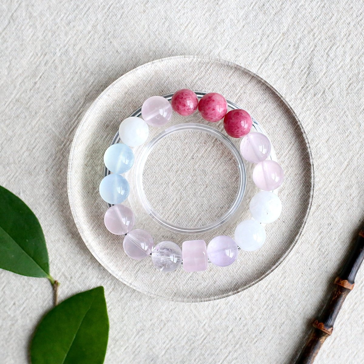 Rose Quartz, Aquamarine, Rhodonite and White Phantom Quartz natural crystal bracelet for love and growth