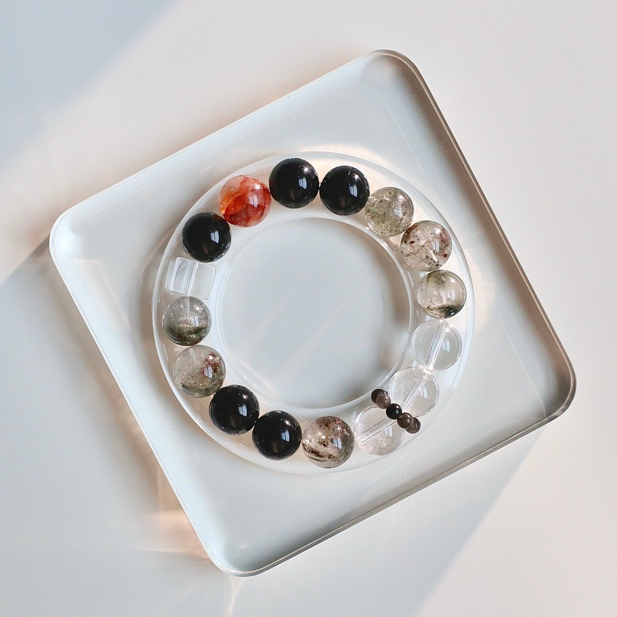 Four Seasons Phantom Quartz and Black Obsidian crystal bracelet for clarity and strength