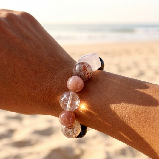 Black Golden Super Seven & Moonstone Bracelet – Natural Crystal Jewelry for Balance and Inner Strength