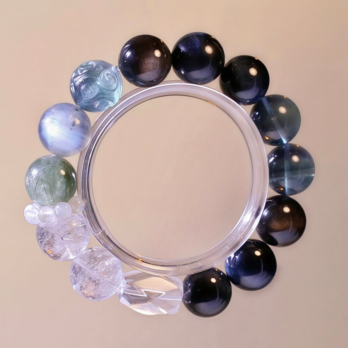 Fluorite and Obsidian crystal bracelet for focus and protection, natural healing jewelry