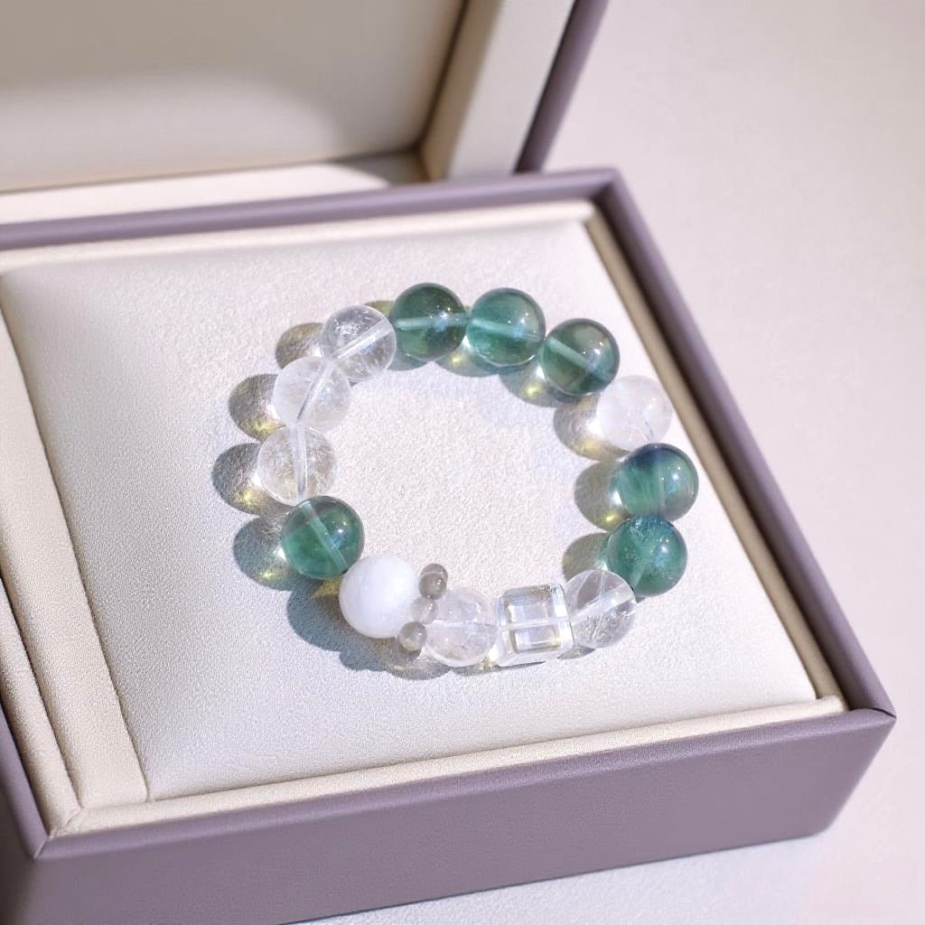 Blue Fluorite, White Aragonite, Ghost Quartz, and Moonstone bracelet