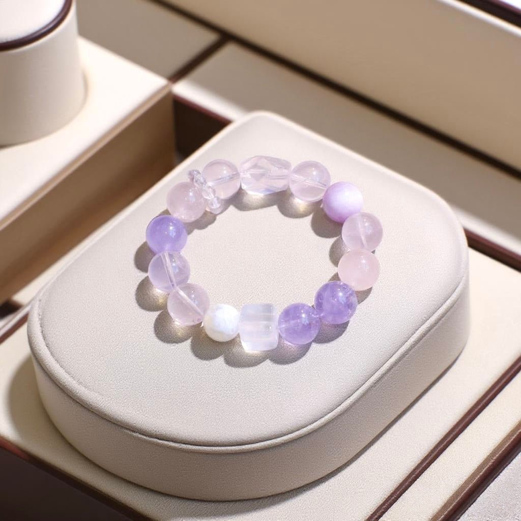 Rose Quartz and Lavender Amethyst crystal bracelet with natural Lepidolite beads – heart chakra healing jewelry