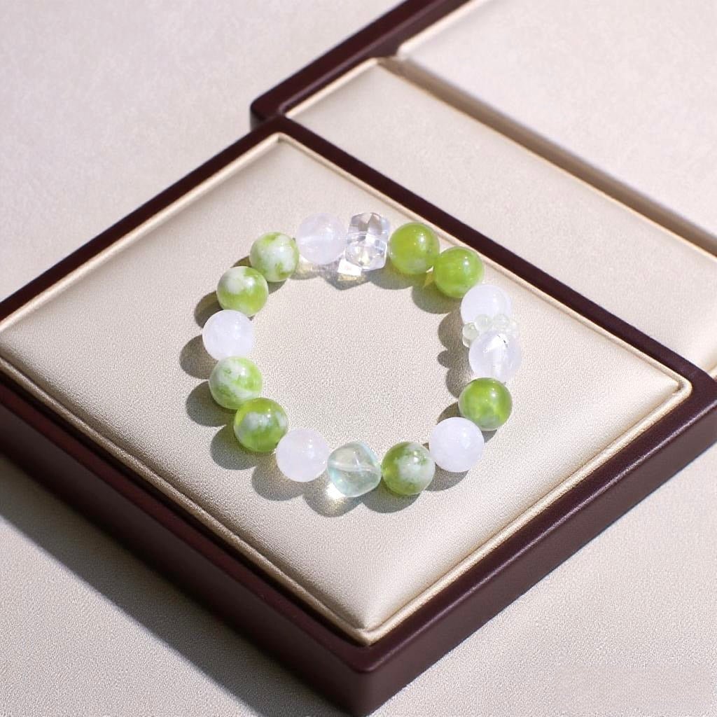 Xiuyan Jade and Green Fluorite bracelet with Clear Quartz and White Phantom Quartz beads – natural healing gemstone jewelry