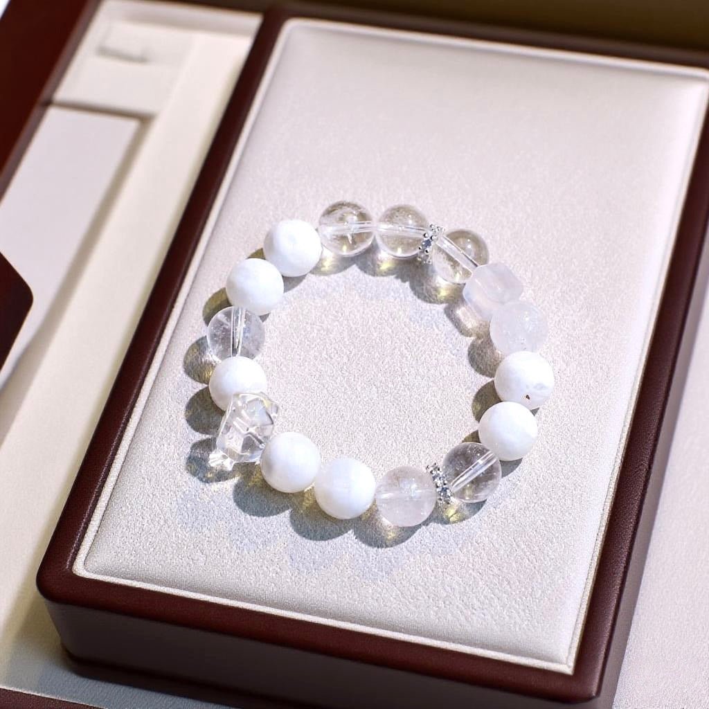 Snow Quartz, White Agate, and Clear Quartz Bracelet – Natural Healing Crystal Jewelry