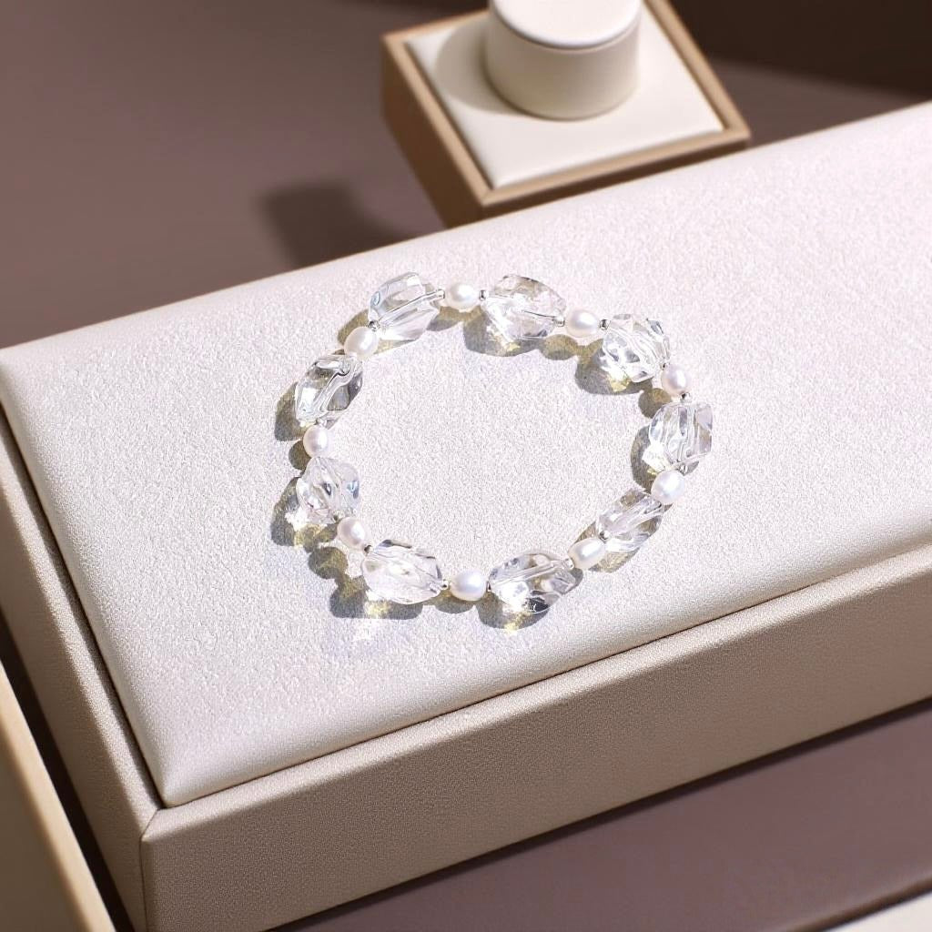 Brazilian Clear Quartz & Pearl Bracelet – Natural Crystal Jewelry for Purity and Emotional Healing