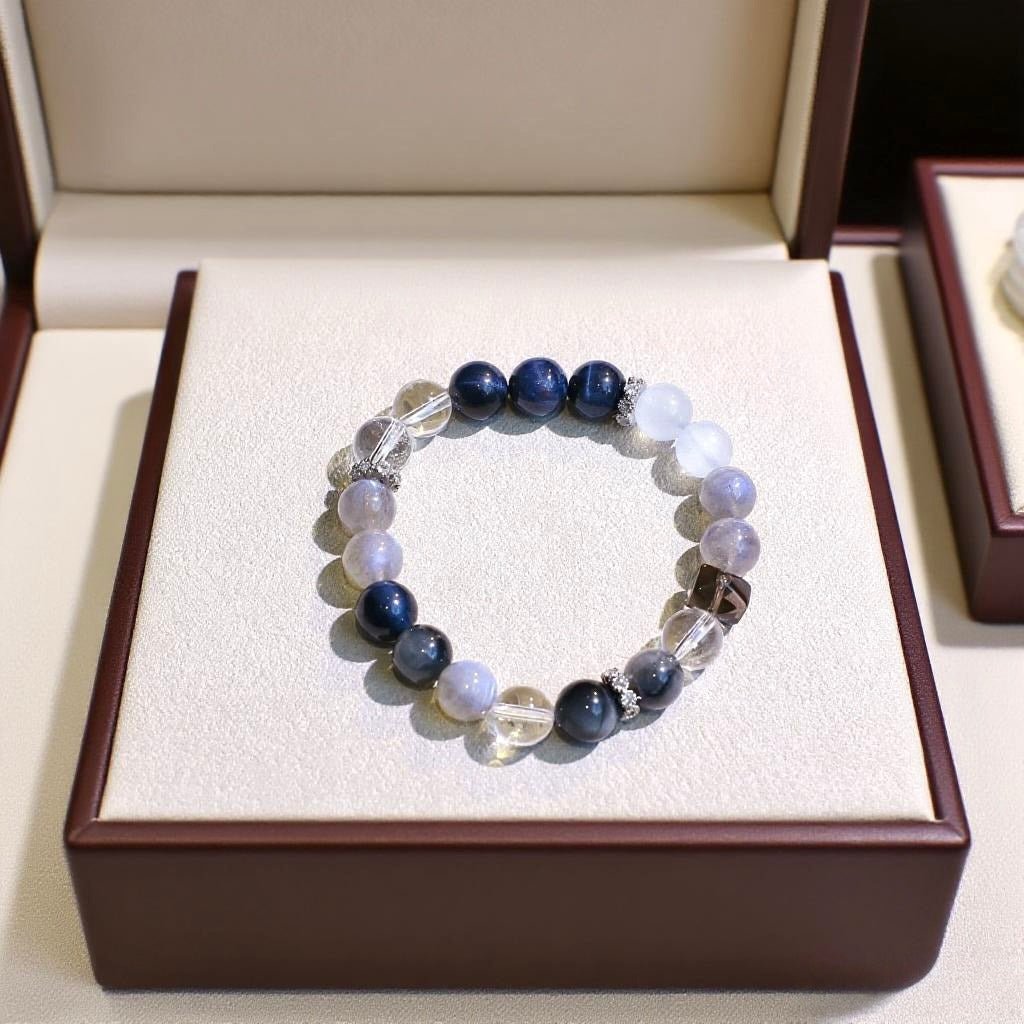 Natural crystal bracelet with White Agate, Hawk’s Eye, Blue Tiger’s Eye, Gray Moonstone, Aquamarine, Smoky Quartz.
