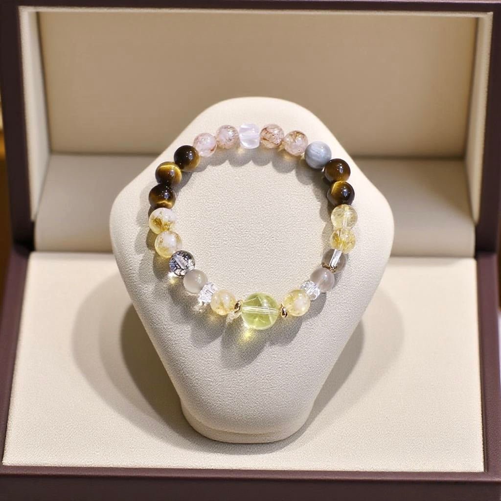 Natural yellow tiger’s eye and lemon quartz bracelet with mixed crystals for confidence and abundance.