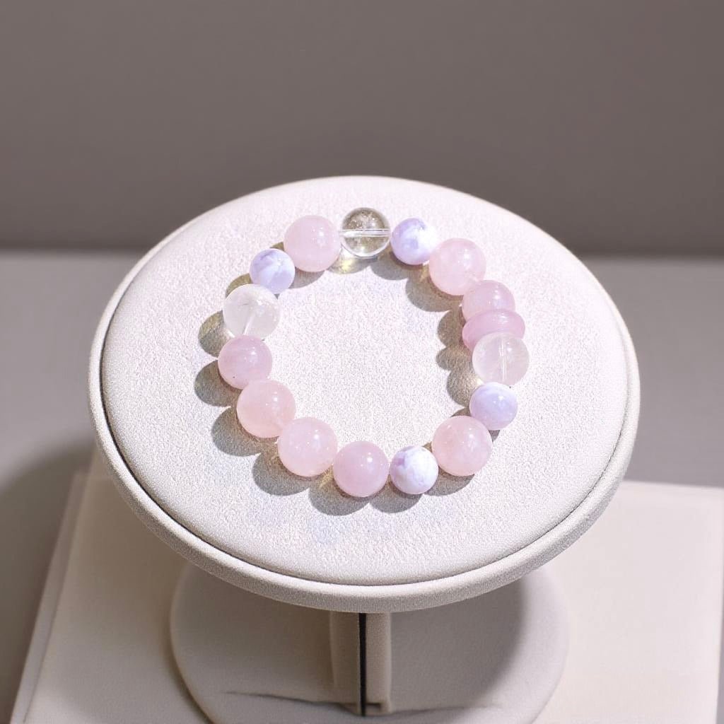 Snow Phantom Quartz and Rose Quartz bracelet with Clear Quartz and Lilac Amethyst – natural healing crystal jewelry
