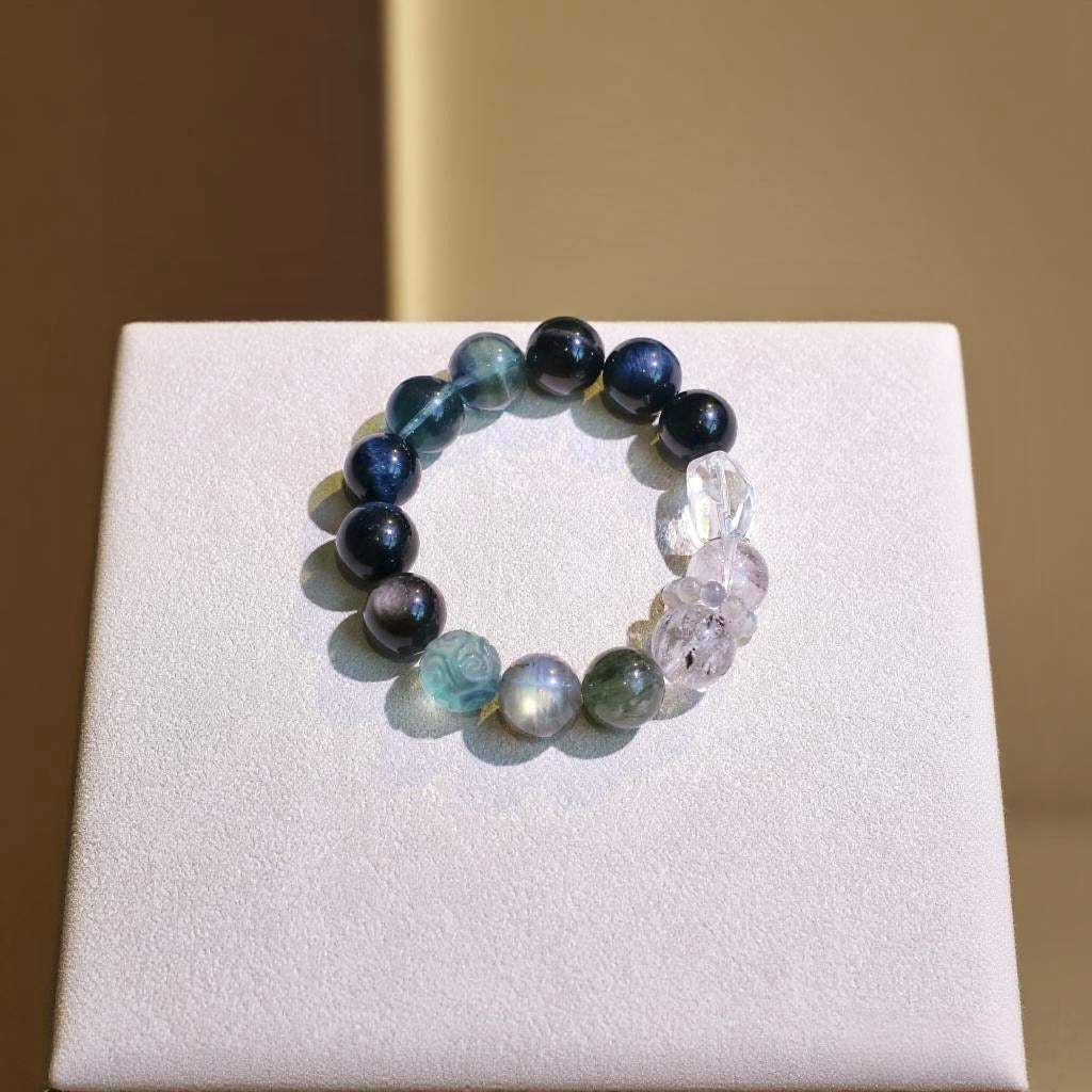 Blue Fluorite, Silver Obsidian, Blue Tiger's Eye, and Grey Moonstone bracelet