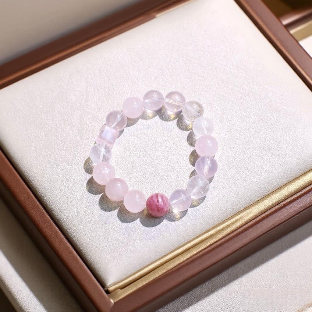Morganite and Rose Quartz crystal bracelet with Rhodonite, White Howlite, and Cherry Blossom Quartz beads – natural gemstone healing jewelry