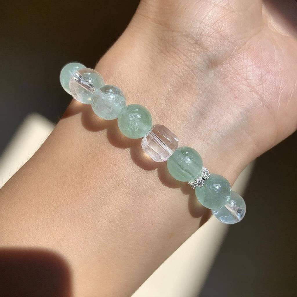 Green Fluorite & Clear Quartz Bracelet – Natural Crystal Jewelry for Renewal and Protection