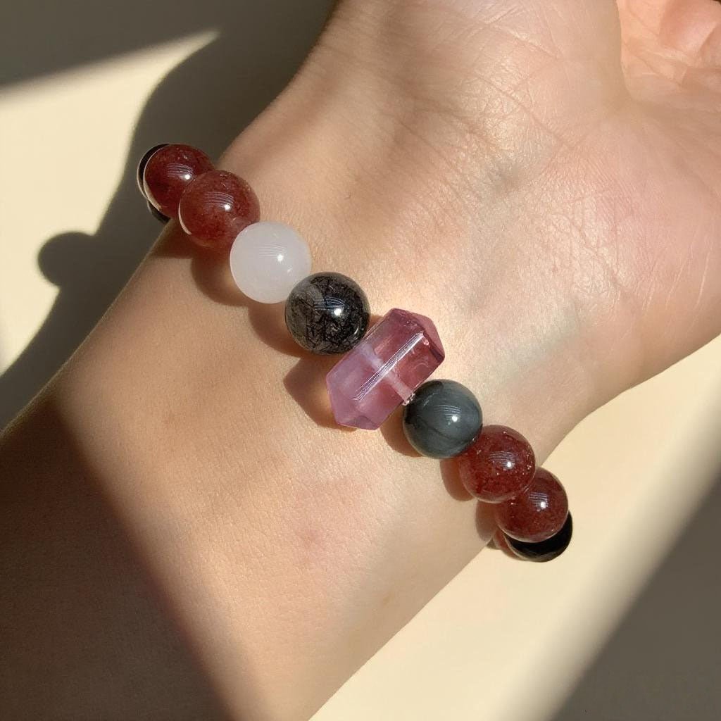 Silver Obsidian & Strawberry Quartz Bracelet – Healing Crystal Jewelry for Love & Protection