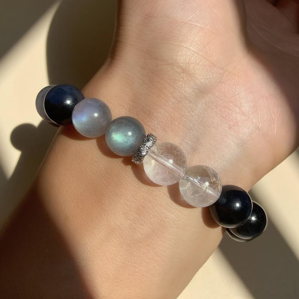 White Agate, Hawk’s Eye & Aquamarine Bracelet – Natural Crystal Jewelry for Balance and Protection