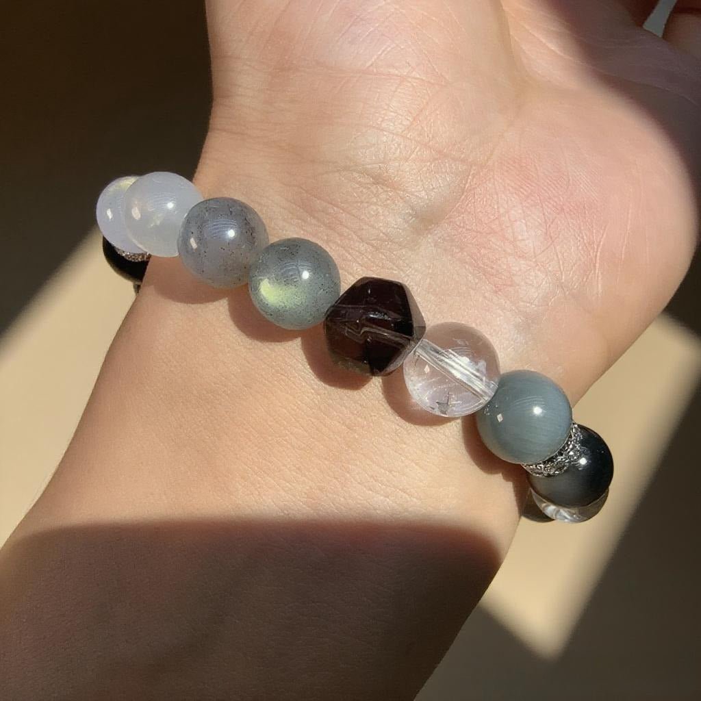 White Agate, Hawk’s Eye & Aquamarine Bracelet – Natural Crystal Jewelry for Balance and Protection