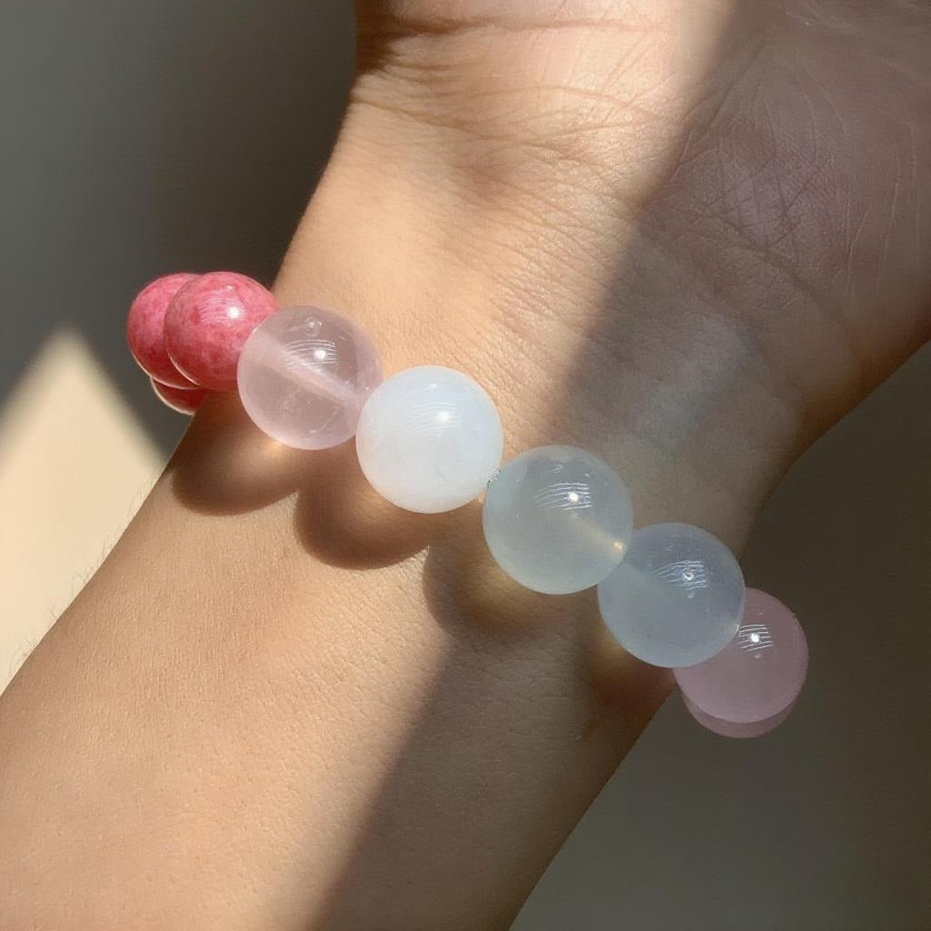 Rose Quartz, Aquamarine & Rhodonite Bracelet – Natural Crystal Jewelry for Love and Growth