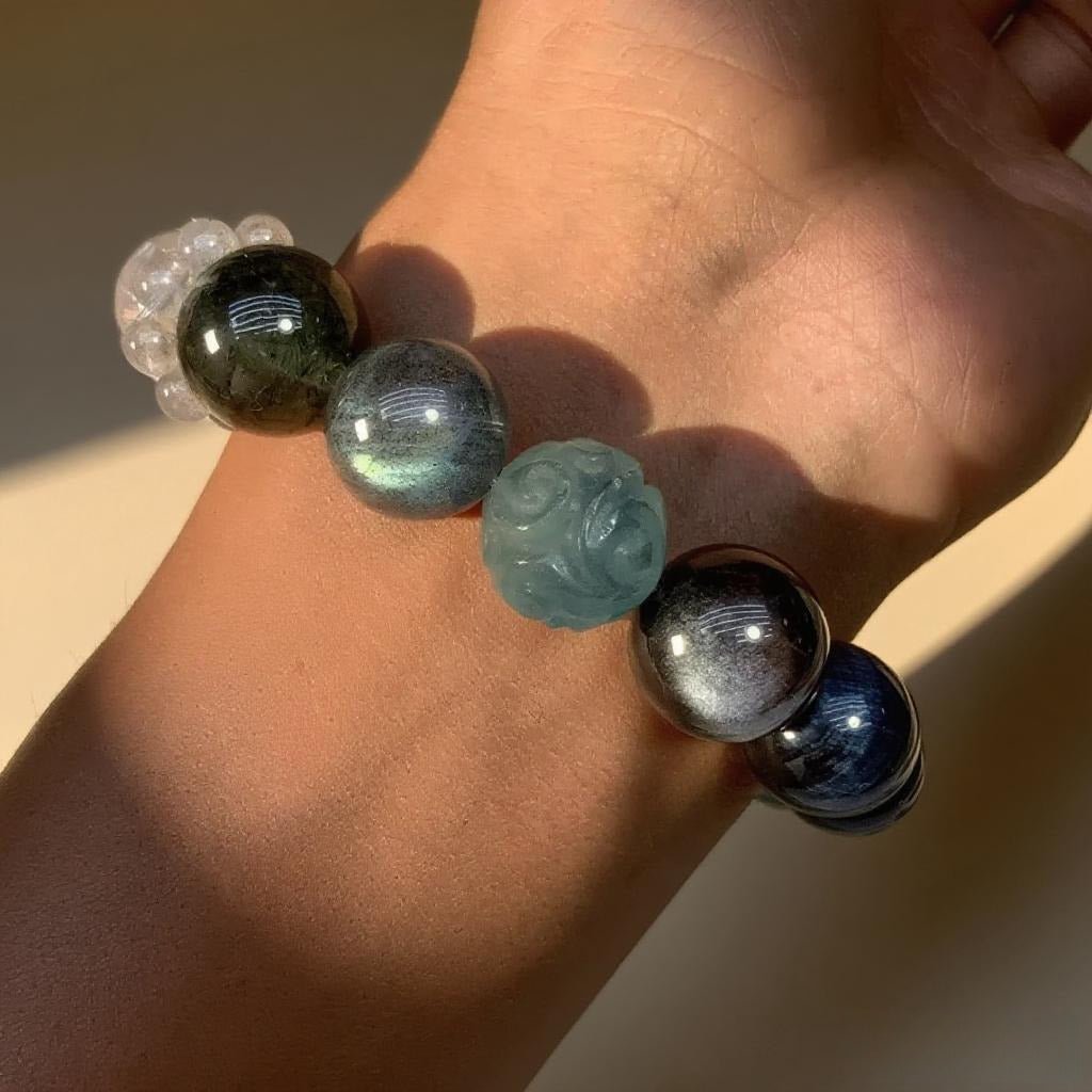 Fluorite & Obsidian Bracelet – Natural Crystal Jewelry for Focus and Protection
