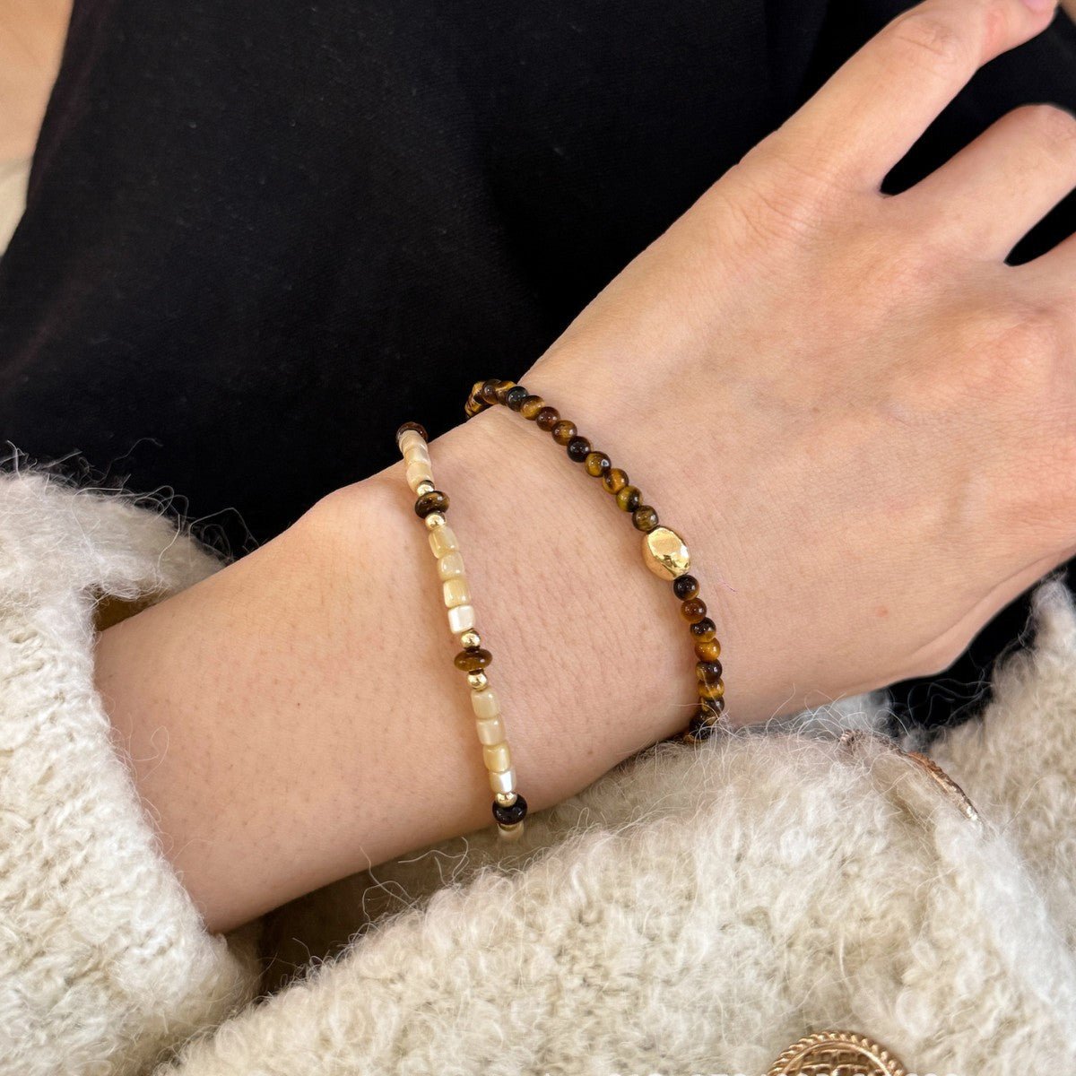 Winter Melad Golden Bean Tiger Eye Stone Natural Shell Bracelet Color-Block Layered Versatile Design High-End Jewelry