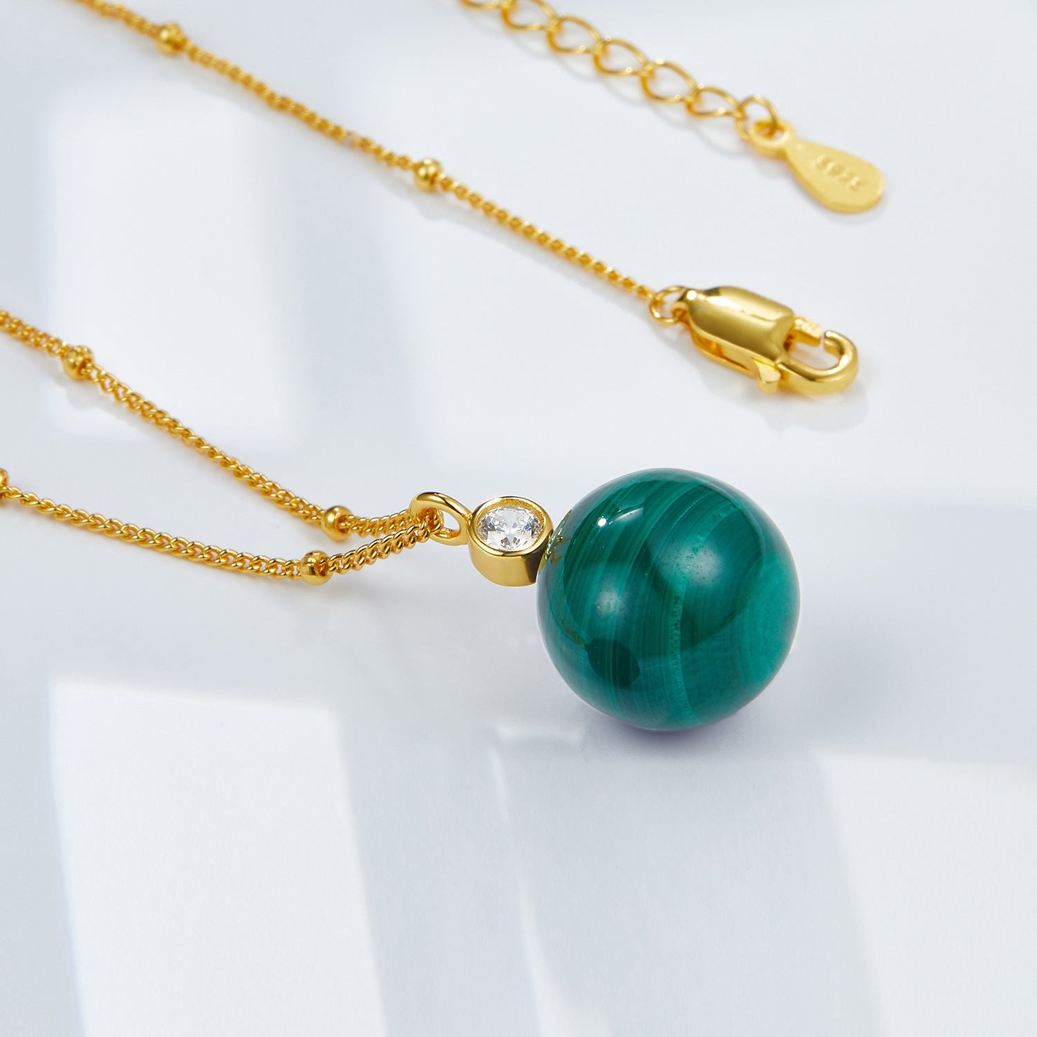 S925Silver Natural Stone Necklace Malachite Round Ball Pendant Women's Layered Silver Jewelry Cross-Border Design Sense Silver Jewelry
