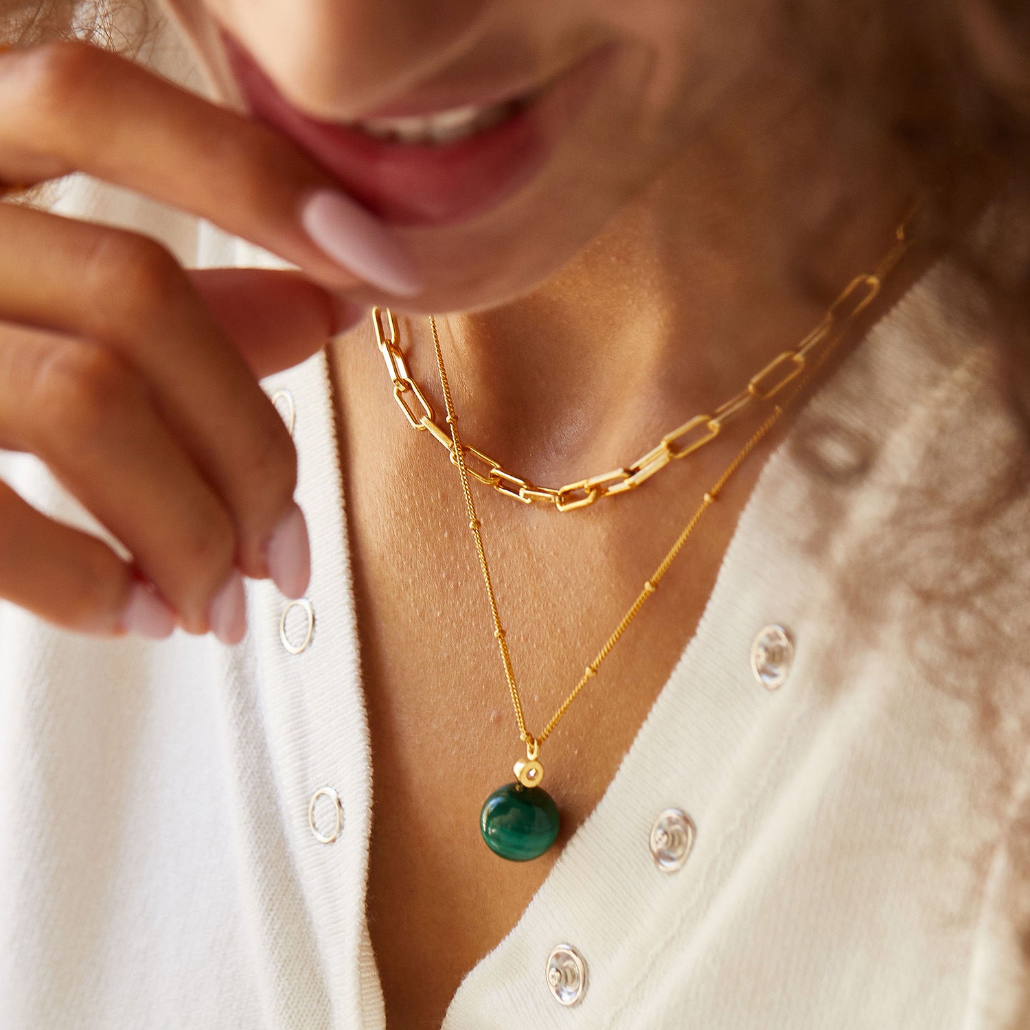 S925Silver Natural Stone Necklace Malachite Round Ball Pendant Women's Layered Silver Jewelry Cross-Border Design Sense Silver Jewelry