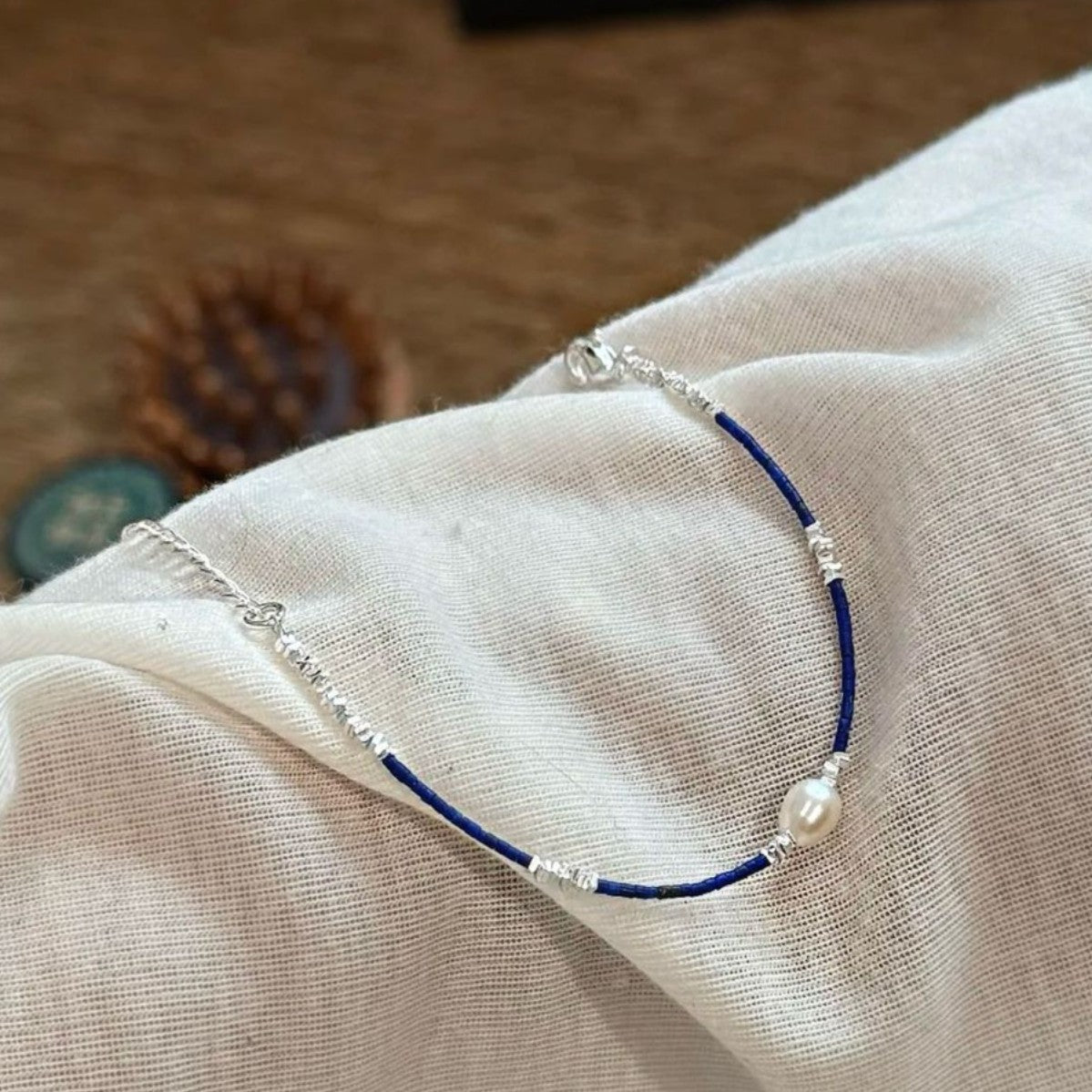 Whole Body s925Pure Silver Fragment Natural Freshwater Pearl Ultra-fine Lapis Lazuli Beaded Bracelet Vintage High-end Design