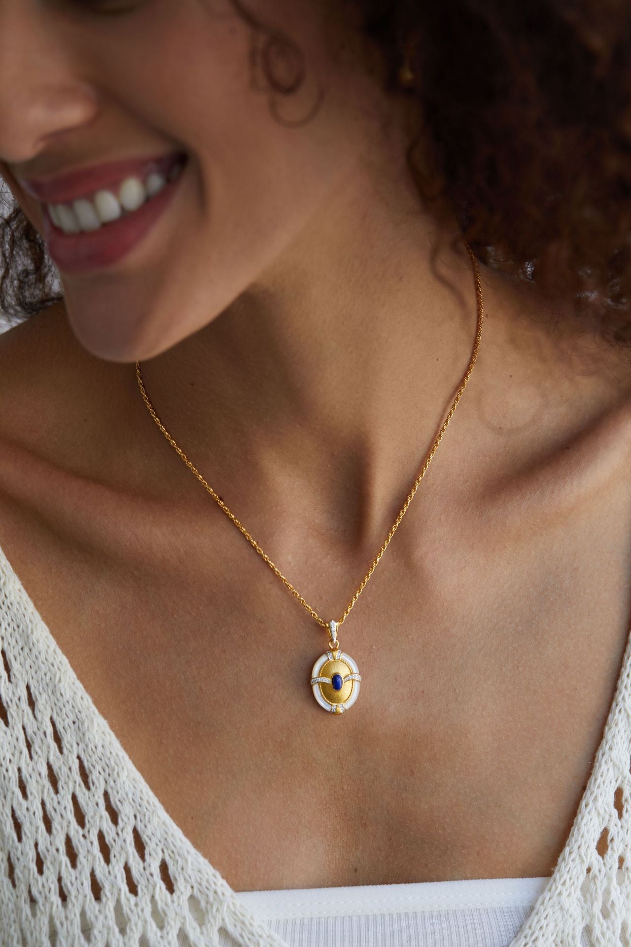 S925Silver Handcrafted Brushed Necklace Natural Lapis Lazuli Pendant Braided Chain Niche Light Luxury White Mother-of-Pearl Design Sense