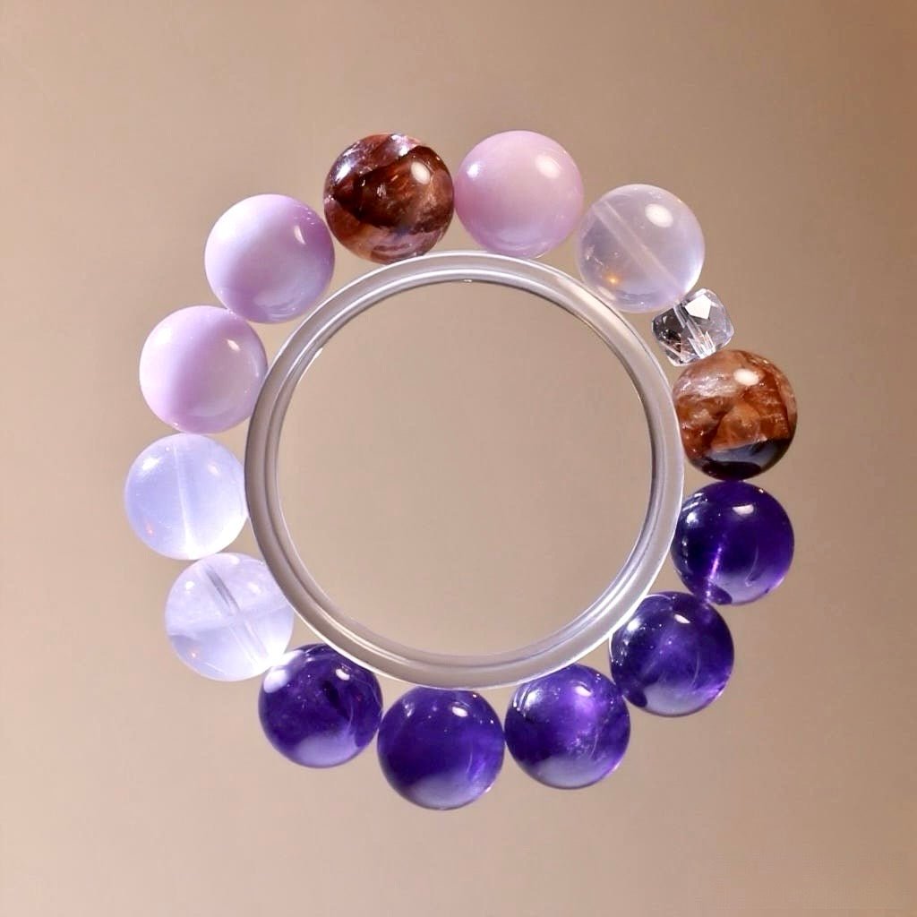 Rose Quartz, Amethyst, Lepidolite, and Clear Quartz Bracelet – Natural Crystal Jewelry for Love and Intuition