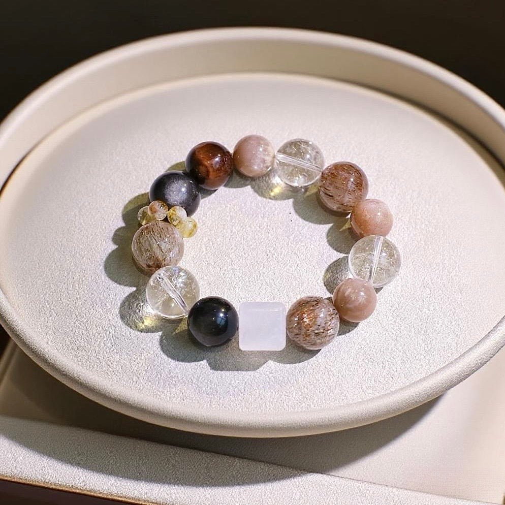 Black Golden Super Seven and Moonstone natural crystal bracelet for balance and inner strength