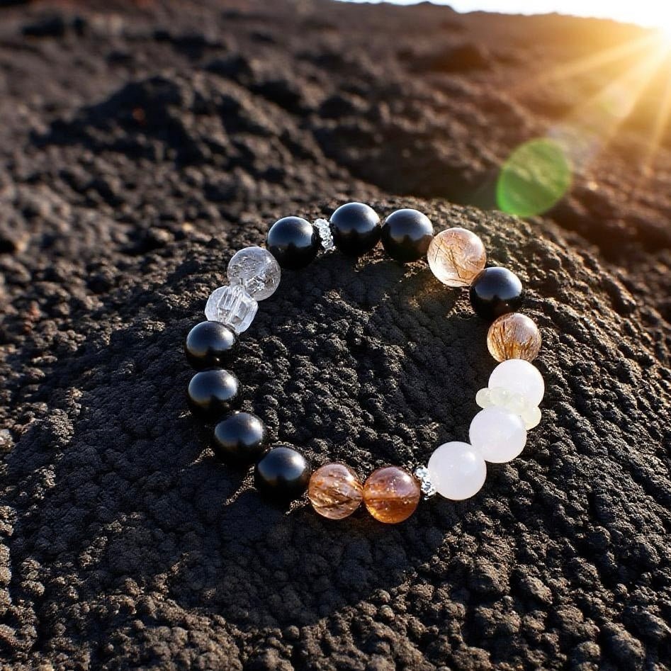 Natural Phantom Quartz and Black Obsidian healing crystal bracelet for balance and protection