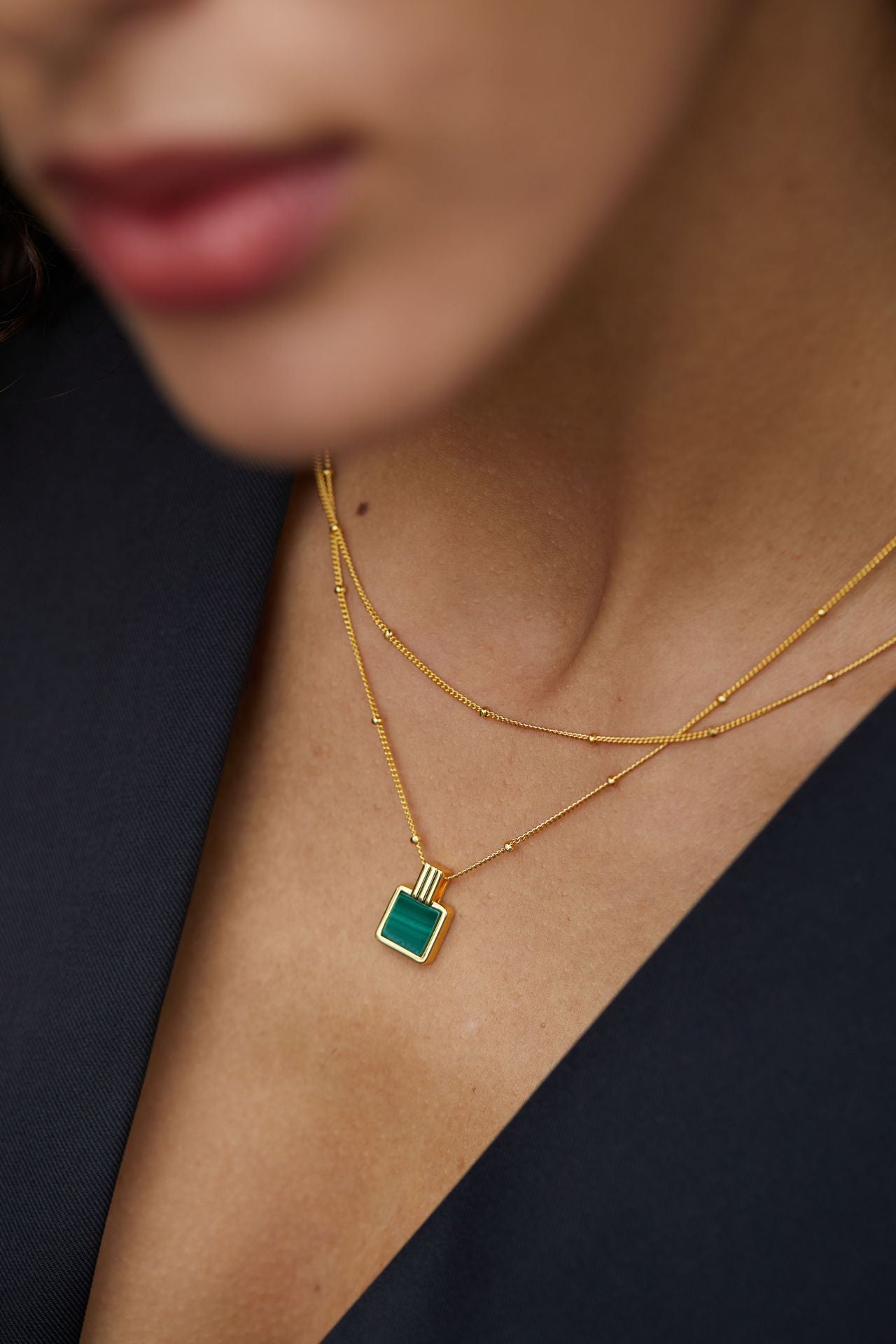 Whole Body925Silver Natural Malachite Necklace Perfume Bottle Pendant Niche Square Collarbone Chain Gold-Plated Women's Bead Chain