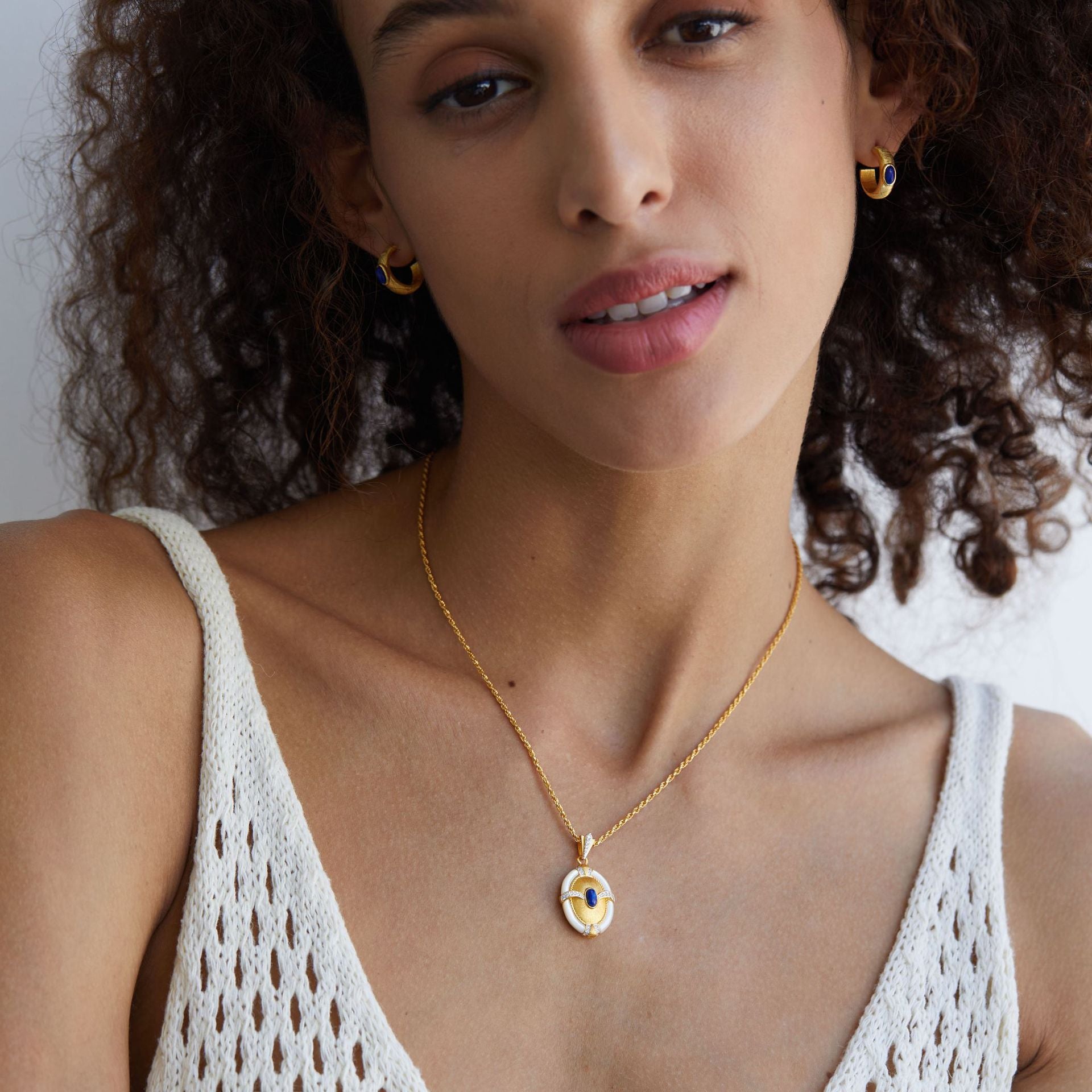 S925Silver Handcrafted Brushed Necklace Natural Lapis Lazuli Pendant Braided Chain Niche Light Luxury White Mother-of-Pearl Design Sense