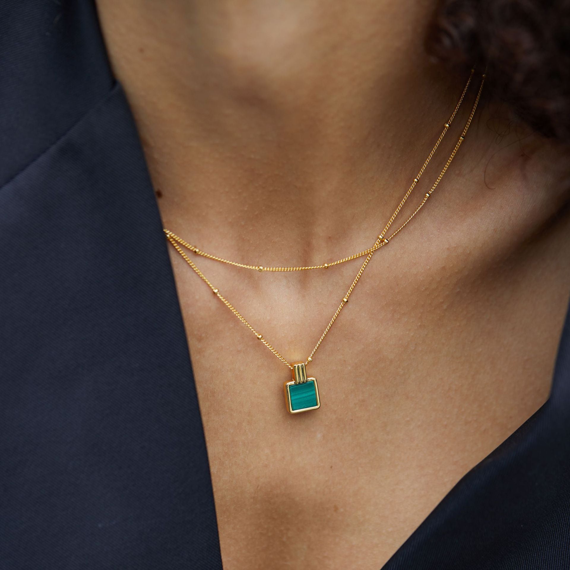 Whole Body925Silver Natural Malachite Necklace Perfume Bottle Pendant Niche Square Collarbone Chain Gold-Plated Women's Bead Chain