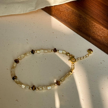 Winter Melad Golden Bean Tiger Eye Stone Natural Shell Bracelet Color-Block Layered Versatile Design High-End Jewelry
