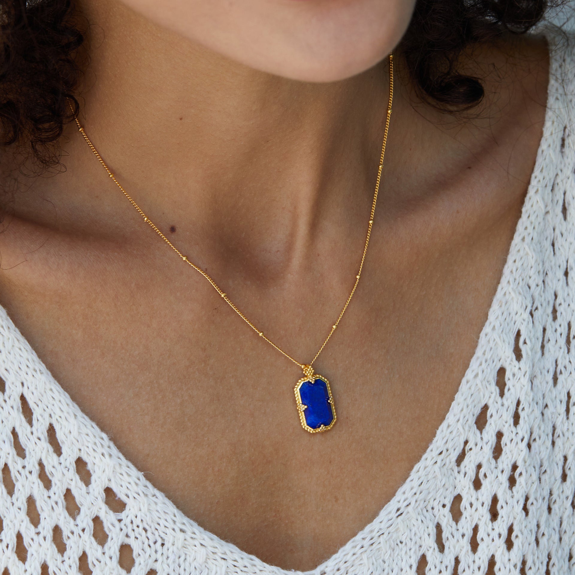 925Silver Lapis Lazuli Necklace French Light Luxury Niche Design Peace Pendant Vintage New National Trend Electroplated K Gold