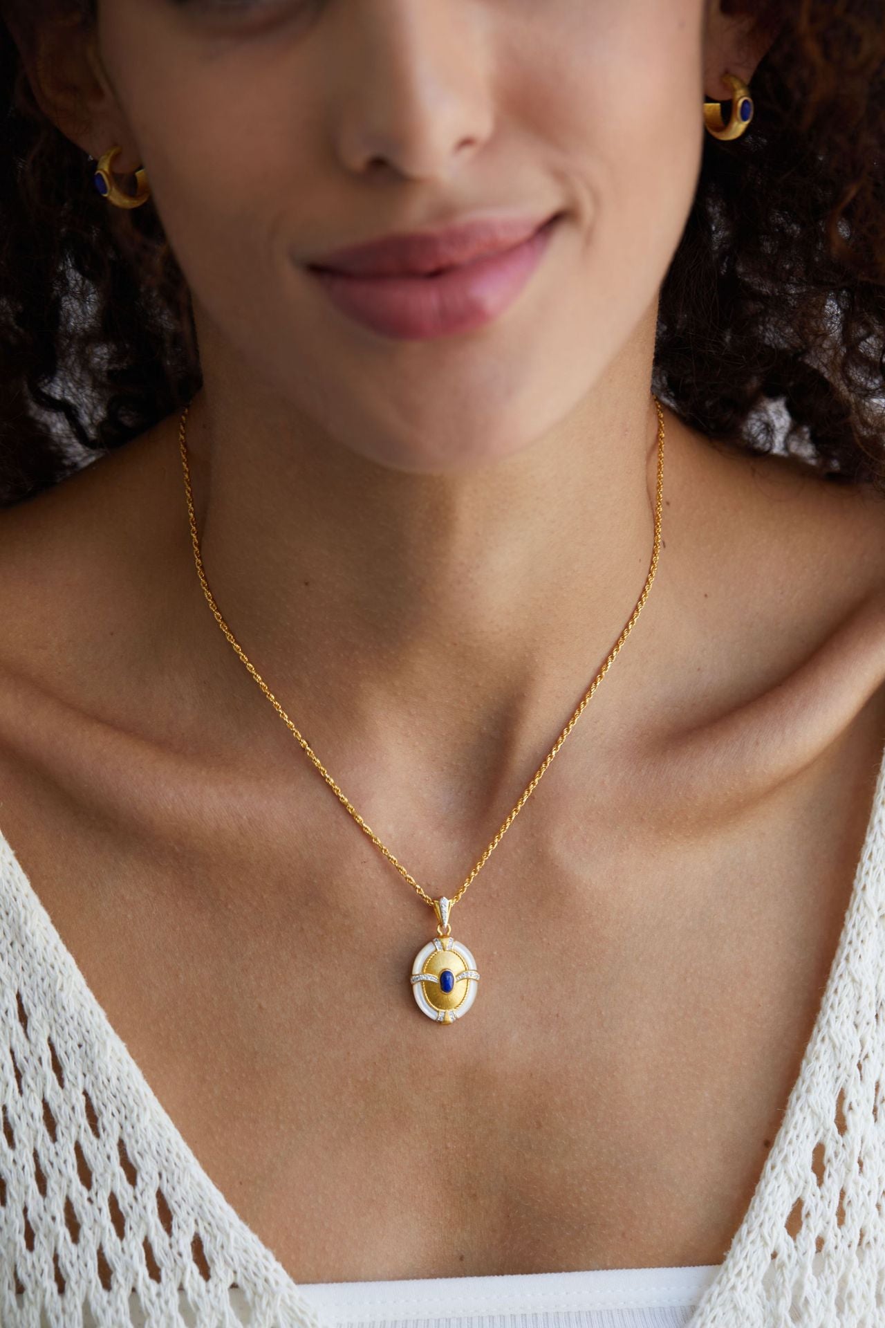 S925Silver Handcrafted Brushed Necklace Natural Lapis Lazuli Pendant Braided Chain Niche Light Luxury White Mother-of-Pearl Design Sense