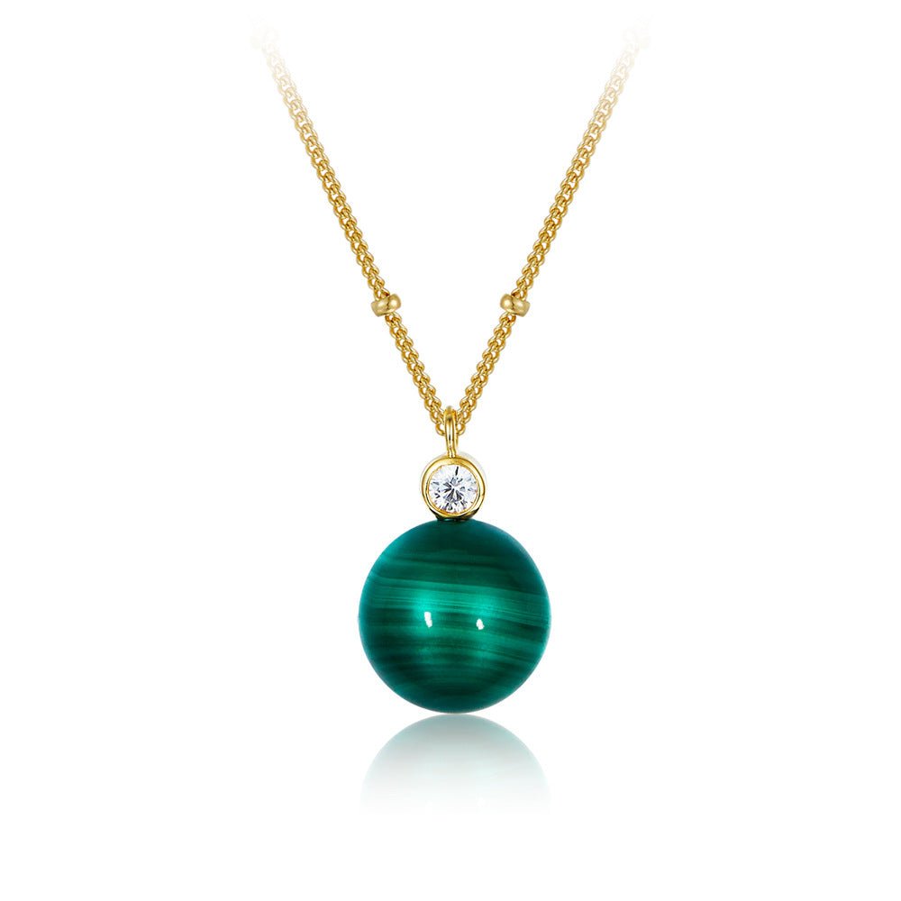 S925Silver Natural Stone Necklace Malachite Round Ball Pendant Women's Layered Silver Jewelry Cross-Border Design Sense Silver Jewelry