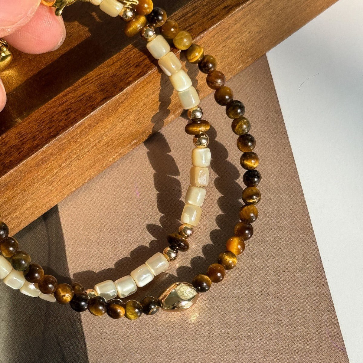 Winter Melad Golden Bean Tiger Eye Stone Natural Shell Bracelet Color-Block Layered Versatile Design High-End Jewelry