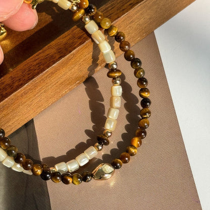 Winter Melad Golden Bean Tiger Eye Stone Natural Shell Bracelet Color-Block Layered Versatile Design High-End Jewelry