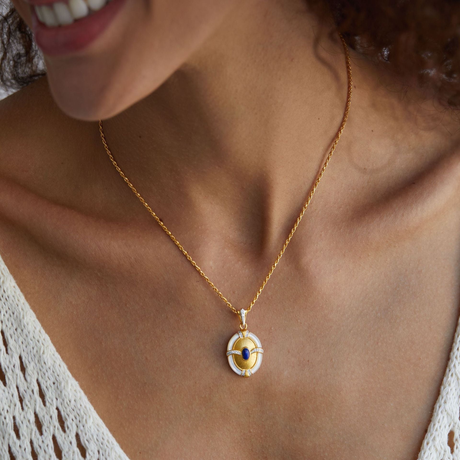 S925Silver Handcrafted Brushed Necklace Natural Lapis Lazuli Pendant Braided Chain Niche Light Luxury White Mother-of-Pearl Design Sense