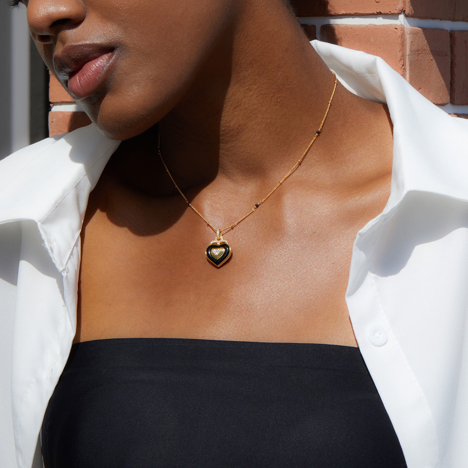 Whole Body925Silver Heart Black Onyx Necklace Electroplated18K Gold Handcrafted Bead Chain Niche Light Luxury Design Pendant